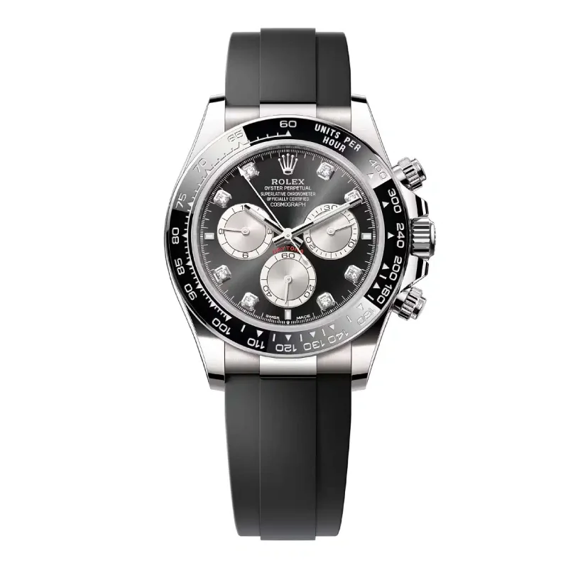 Rolex Cosmograph Daytona 40mm - Ref: 126519LN - Bright Black & Steel Diamond Dial & Ceramic Bezel, 18K White Gold Case Black Oysterflex Bracelet Men's Watch