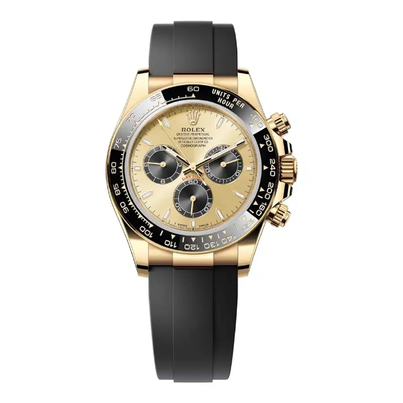 Rolex Cosmograph Daytona 40mm - Ref: 126518LN - Golden & Black Index Dial & Ceramic Bezel, 18K Yellow Gold Case Black Oysterflex Bracelet Men's Watch