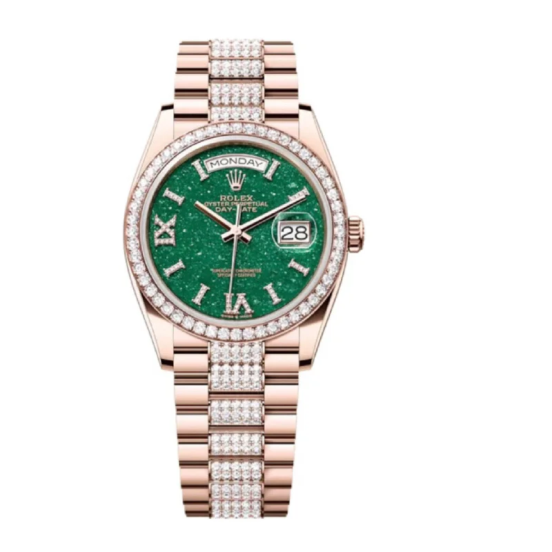 Rolex Day Date 36mm - Ref: 128345RBR - Green Aventurine Roman Diamond Dial & Diamond Bezel, 18K Rose Gold & Diamonds President Bracelet Watch