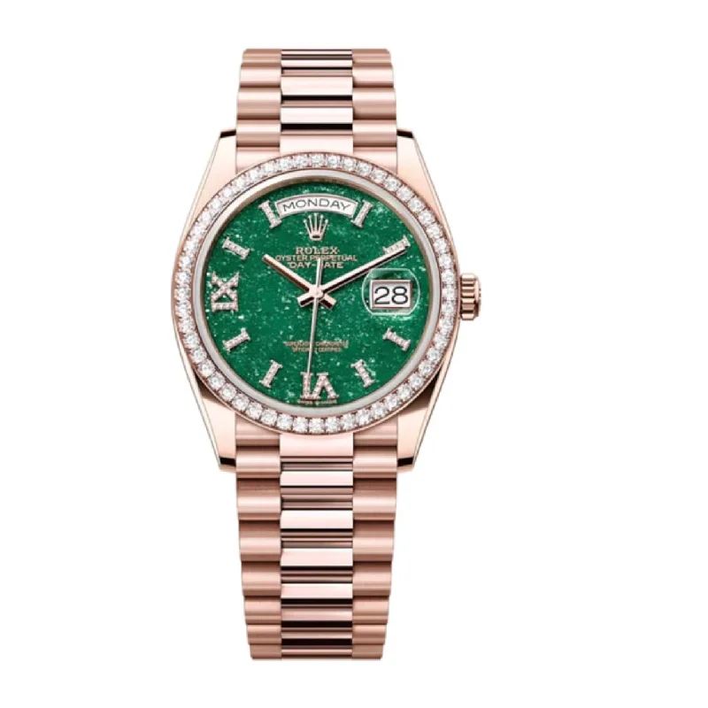 Rolex Day Date 36mm - Ref: 128345RBR - Green Aventurine Roman Diamond Dial & Diamond Bezel, 18K Rose Gold President Bracelet Watch