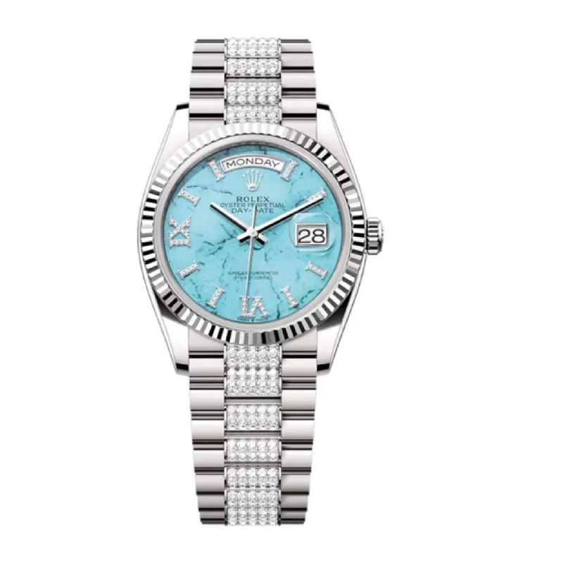 Rolex Day Date 36mm - Ref: 128239 - Blue Turquoise Diamond Dial & Fluted Bezel, 18K White Gold & Diamonds President Bracelet Watch