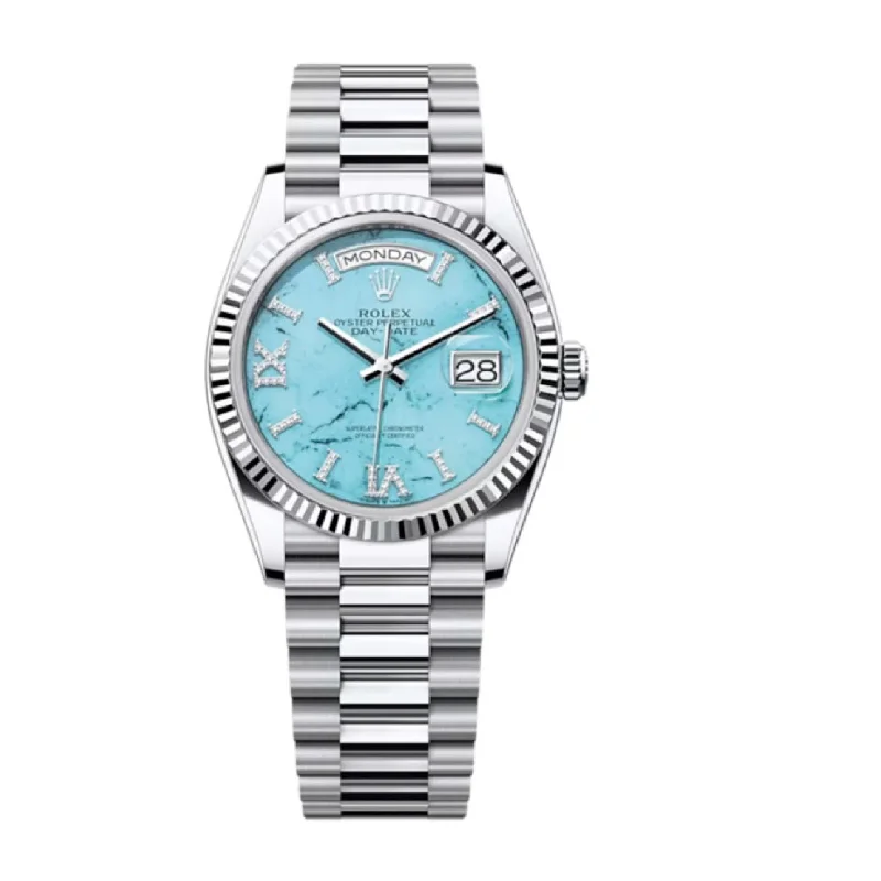 Rolex Day Date 36mm - Ref: 128236 - Blue Turquoise Dial & Fluted Bezel, 18K White Gold President Bracelet Watch