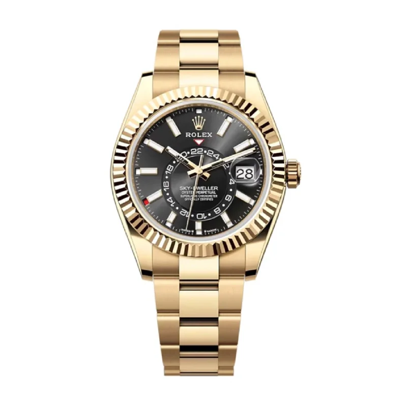 Rolex Sky-Dweller 42mm - Ref: 336938-0002 - Bright Black Stick Dial, 18K Yellow Gold Oyster Bracelet Watch