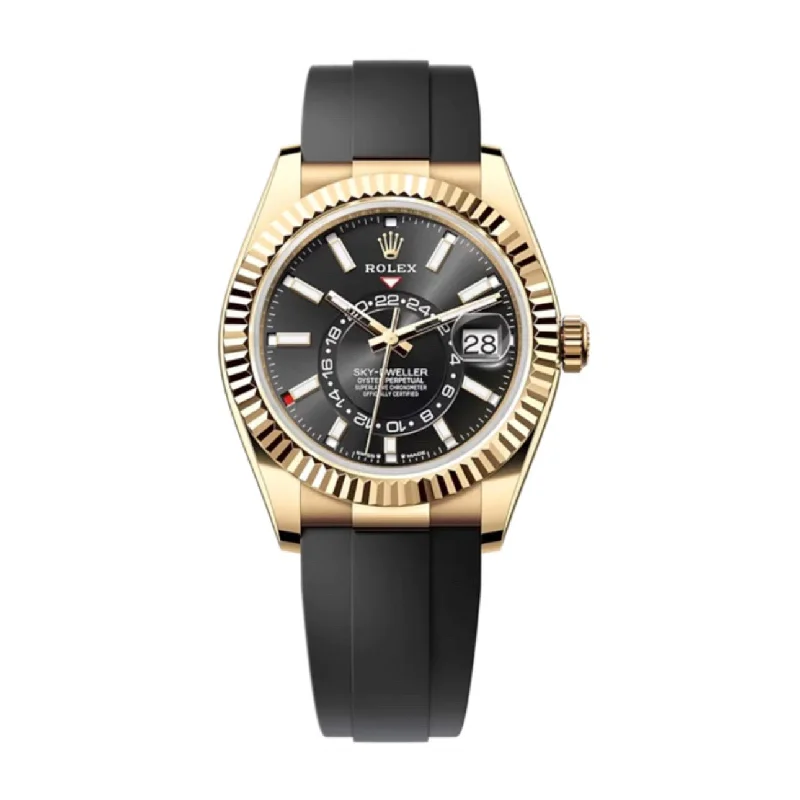 Rolex Sky-Dweller 42mm - Ref: 336238 - Bright Black Stick Dial & 18K Yellow Gold Case, Black Oysterflex Bracelet Watch