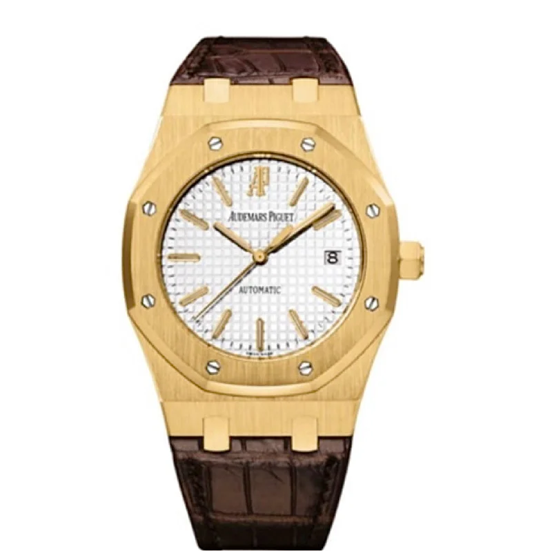 Audemars Piguet Royal Oak Selfwinding 39mm Watch - Ref: 15300BA.OO.D088CR.01 - Silver Dial in 18K Yellow Gold Case, Brown Alligator Strap