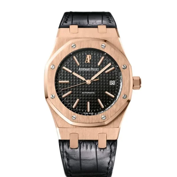 Audemars Piguet Royal Oak Selfwinding 39mm Watch - Ref: 15300OR.OO.D002CR.01 - Black Dial in 18K Rose Gold Case, Black Alligator Strap