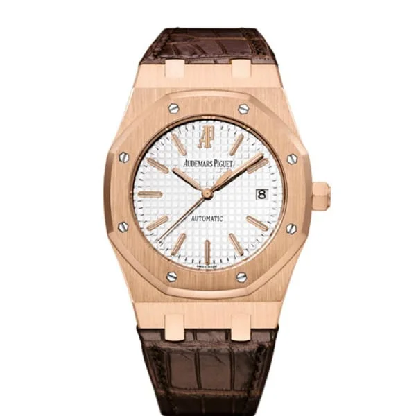 Audemars Piguet Royal Oak Selfwinding 39mm Watch - Ref: 15300OR.OO.D088CR.02 - Silver Dial in 18K Rose Gold Case, Brown Alligator Strap