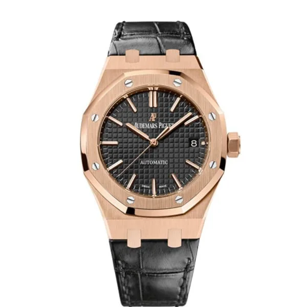 Audemars Piguet Royal Oak Selfwinding 37mm Watch - Ref: 15450OR.OO.D002CR.01 - Black Dial in 18K Rose Gold Case, Black Alligator Strap