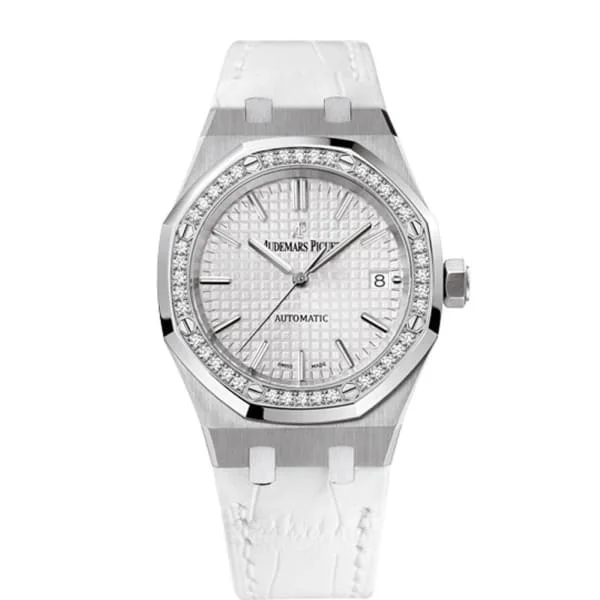 Audemars Piguet Royal Oak Selfwinding 37mm Watch - Ref: 15451ST.ZZ.D011CR.01 - Silver Dial & Diamond Case in White Alligator Strap