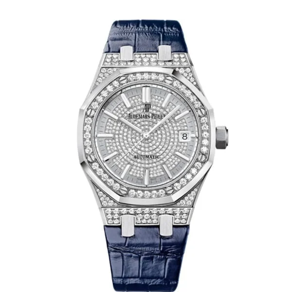 Audemars Piguet Royal Oak Selfwinding 37mm Watch - Ref: 15452BC.ZZ.D019CR.01 - Pave Diamond Diamond Dial & Bezel in 18K White Gold Case, Blue Alligator Strap