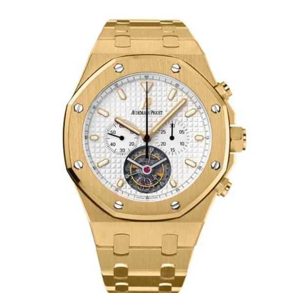 Audemars Piguet Royal Oak Tourbillon Chronograph 44mm Men's Watch - Ref: 25977BA.OO.1205BA.02 - Silver Dial, 18K Yellow Gold Bracelet