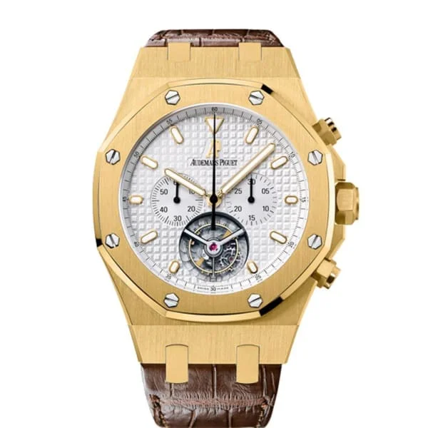 Audemars Piguet Royal Oak Tourbillon Chronograph 44mm Men's Watch - Ref: 25977BA.OO.D088CR.01 - Silver Dial in 18K Yellow Gold Case, Brown Alligator Strap