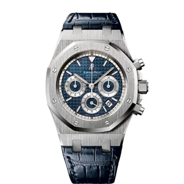 Audemars Piguet Royal Oak Chronograph 39mm Watch - Ref: 26022BC.OO.D028CR.01 - Blue Dial in 18K White Gold Case, Blue Alligator Strap