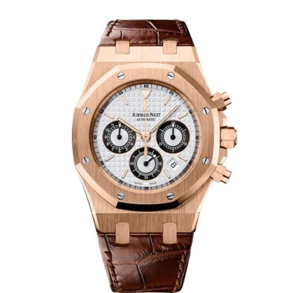 Audemars Piguet Royal Oak Chronograph 39mm Watch - Ref: 26022OR.OO.D098CR.01 - Silver Dial in 18K Rose Gold Case, Brown Alligator Strap