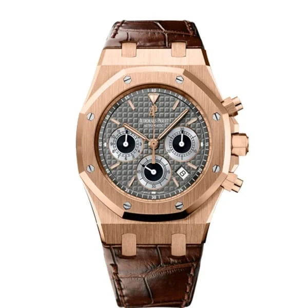 Audemars Piguet Royal Oak Chronograph 39mm Watch - Ref: 26022OR.OO.D098CR.02 - Grey Dial in 18K Rose Gold Case, Brown Alligator Strap