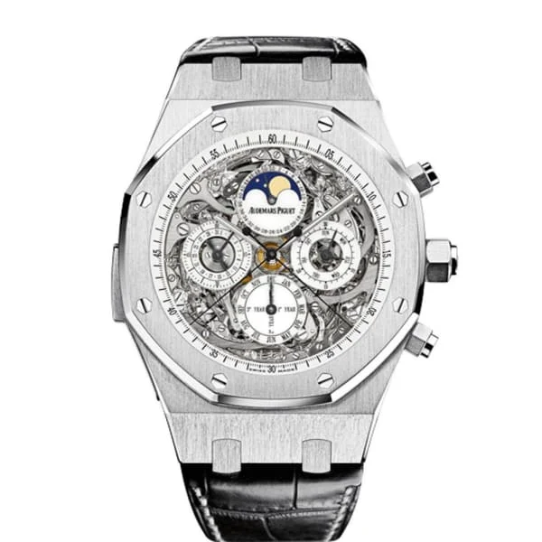 Audemars Piguet Royal Oak Openworked Grand Complications 44mm Men's Watch - Ref: 26065IS.OO.D002CR.01 - Transparent Sapphire Chronograph Moonphase Dial in Titanium Case, Black Alligator Strap