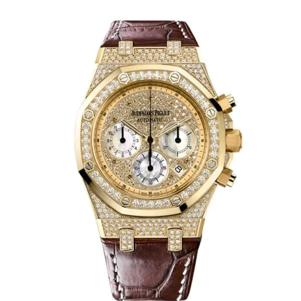 Audemars Piguet Royal Oak Chronograph 39mm Watch - Ref: 26068BA.ZZ.D088CR.01 - Pave Diamond Dial in 18K Yellow Gold Diamond Case, Brown Alligator Strap