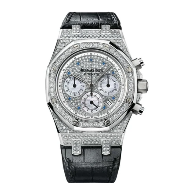 Audemars Piguet Royal Oak Chronograph 39mm Watch - Ref: 26068BC.ZZ.D002CR.01 - Pave Diamond Dial in 18K White Gold Diamond Case, Black Alligator Strap