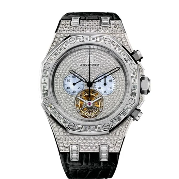 Audemars Piguet Royal Oak Tourbillon Chronograph 44mm Men's Watch - Ref: 26116BC.ZZ.D002CR.01 - Pave Diamond Diamond Dial & Bezel in 18K White Gold Diamond Case, Black Alligator Strap