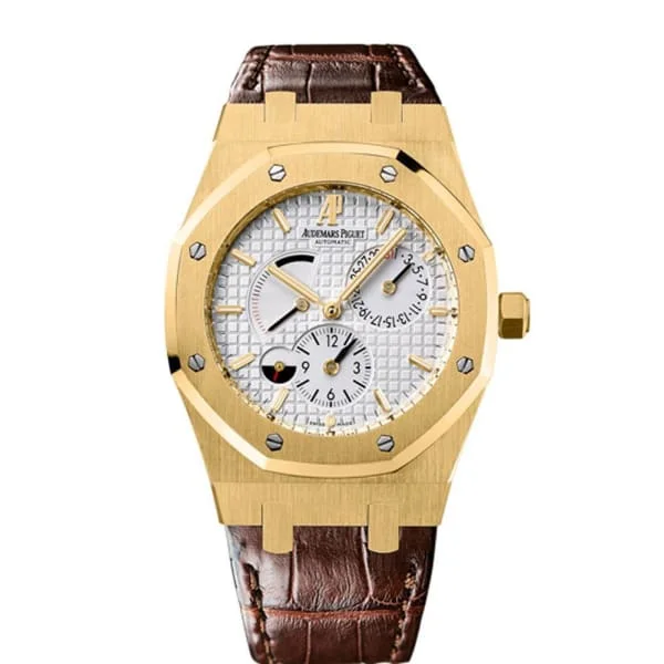 Audemars Piguet Royal Oak Dual Time 39mm Watch - Ref: 26120BA.OO.D088CR.01 - White Dial in 18K Yellow Gold Case, Brown Alligator Strap