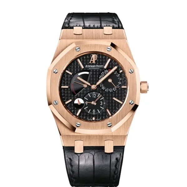 Audemars Piguet Royal Oak Dual Time 39mm Watch - Ref: 26120OR.OO.D002CR.01 - Black Dial in 18K Rose Gold Case, Black Alligator Strap