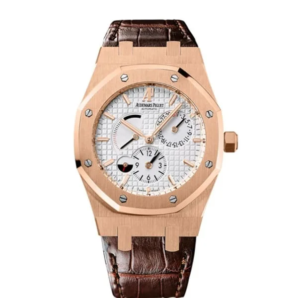 Audemars Piguet Royal Oak Dual Time 39mm Watch - Ref: 26120OR.OO.D088CR.01 - White Dial in 18K Rose Gold Case, Brown Alligator Strap