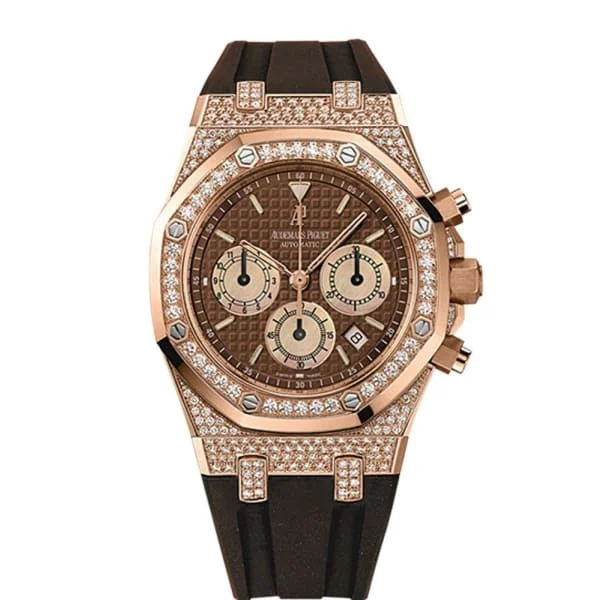 Audemars Piguet Royal Oak Chronograph 39mm Watch - Ref: 26129OR.ZZ.D080CA.01 - Brown Dial in 18K Rose Gold Diamond Case, Brown Rubber Strap