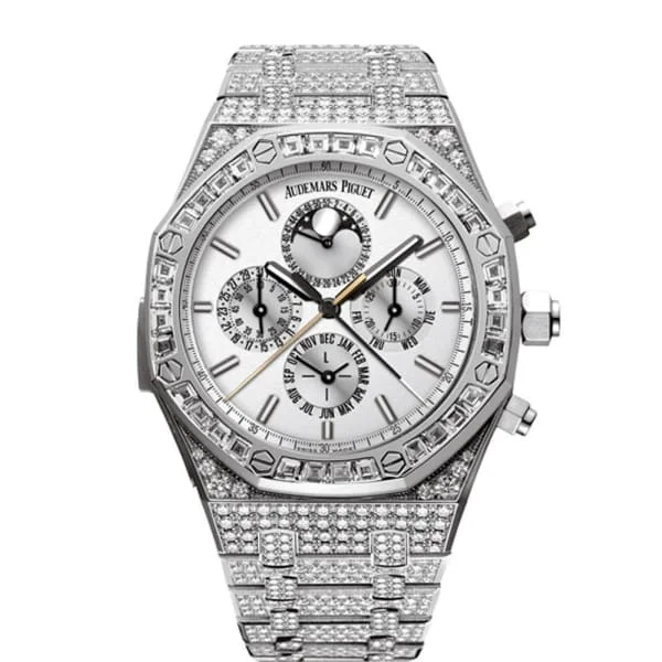 Audemars Piguet Royal Oak Grande Complication 44mm Men's Watch - Ref: 26222BC.ZZ.1197BC.01 - Silver Moonphase Dial, Diamond Bezel & Diamond Case, 18K White Gold Diamond Bracelet