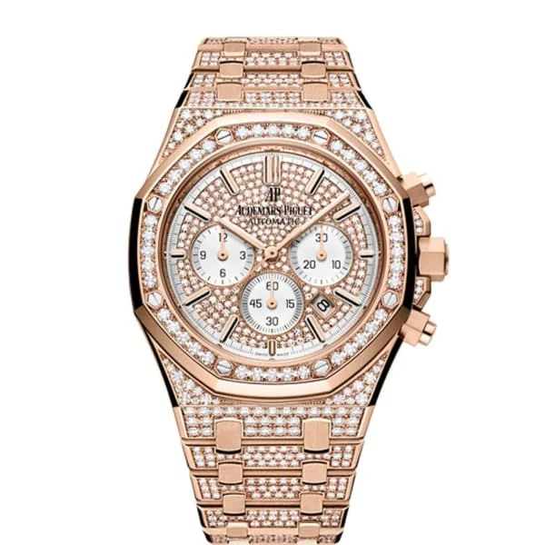 Audemars Piguet Royal Oak Chronograph 41mm Men's Watch - Ref: 26322OR.ZZ.1222OR.01 - Pave Diamond Dial, 18K Rose Gold Diamond Bracelet