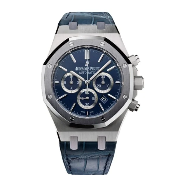 Audemars Piguet Royal Oak Chronograph Leo Messi 41mm Men's Watch - Ref: 26325PL.OO.D310CR.01 - Blue Dial in Platinum Case, Blue Alligator Strap