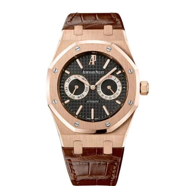 Audemars Piguet Royal Oak Day-Date 39mm Watch - Ref: 26330OR.OO.D088CR.01 - Black Dial in 18K Rose Gold Case, Brown Alligator Strap