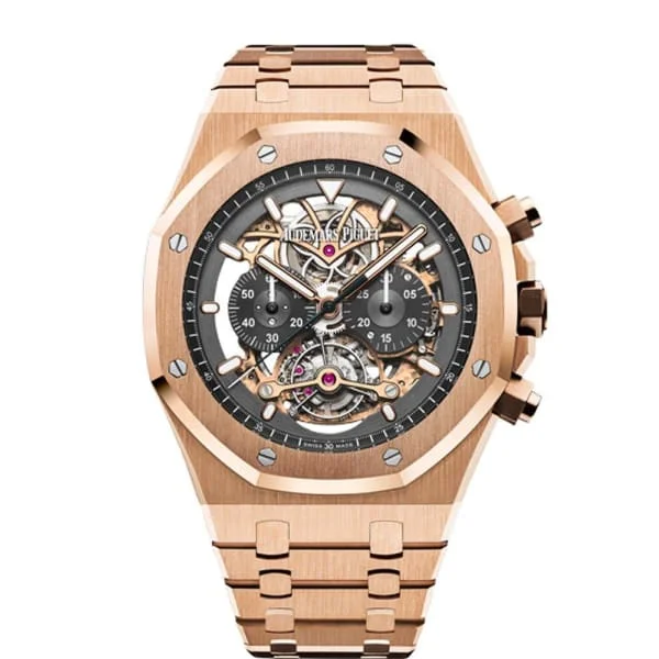 Audemars Piguet Royal Oak Tourbillon Chronograph 44mm Men's Watch - Ref: 26347OR.OO.1205OR.01 - Openworked Dial, 18K Rose Gold Bracelet