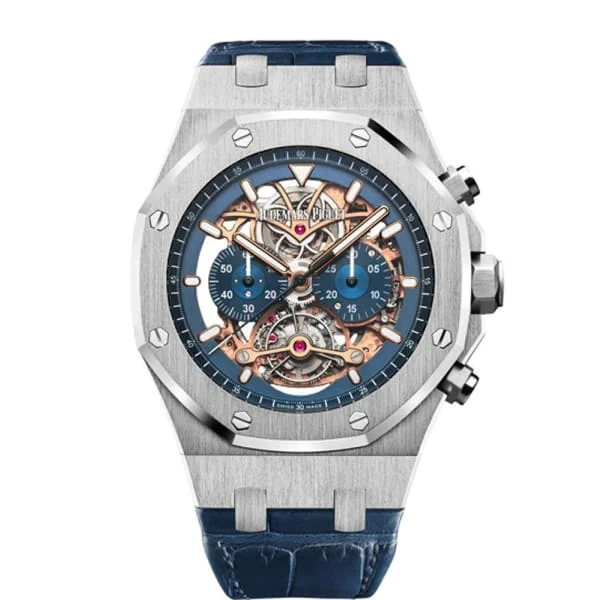 Audemars Piguet Royal Oak Tourbillon Chronograph 44mm Men's Watch - Ref: 26347PT.OO.D315CR.01 - Openworked Dial in Platinum Case, Blue Alligator Strap