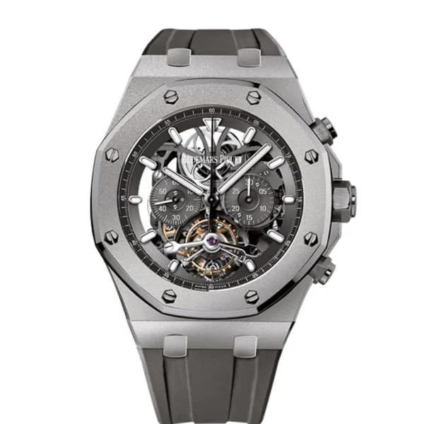 Audemars Piguet Royal Oak Tourbillon Chronograph 44mm Men's Watch - Ref: 26347TI.GG.D004CA.02 - Openworked Dial in Titanium Case, Black Rubber Strap