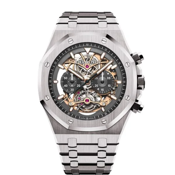 Audemars Piguet Royal Oak Tourbillon Chronograph 44mm Men's Watch - Ref: 26347TI.OO.1205TI.01 - Openworked Dial in Titanium Case, Black Rubber Strap