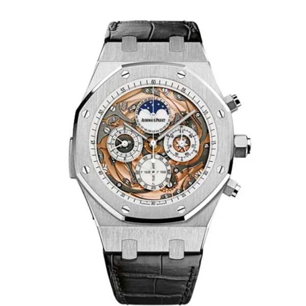 Audemars Piguet Royal Oak Grande Complication 44mm Men's Watch - Ref: 26552BC.OO.D002CR.01 - Transparent Sapphire Moonphase Dial in 18K White Gold Case, Black Alligator Strap