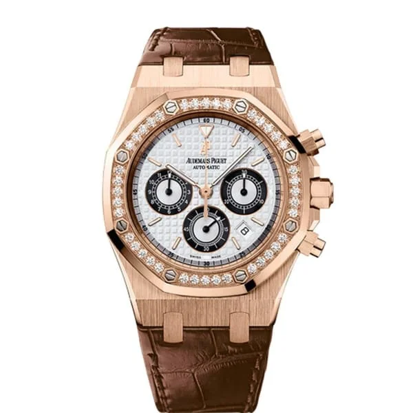 Audemars Piguet Royal Oak Chronograph 39mm Watch - Ref: 26557OR.ZZ.D098CR.01 - Silver Dial & Diamond Bezel in 18K Rose Gold Case, Brown Alligator Strap