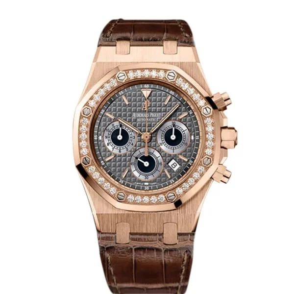 Audemars Piguet Royal Oak Chronograph 39mm Watch - Ref: 26557OR.ZZ.D098CR.02 - Grey Dial & Diamond Bezel in 18K Rose Gold Case, Brown Alligator Strap