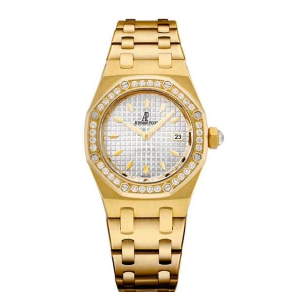 Audemars Piguet Royal Oak 33mm Ladies Watch - Ref: 67601BA.ZZ.1230BA.01 - Silver Dial & Diamond Bezel, 18K Yellow Gold Bracelet