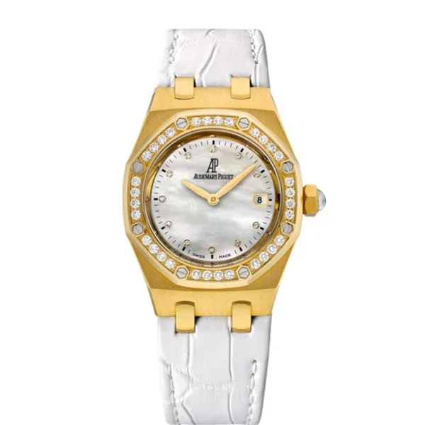 Audemars Piguet Royal Oak 33mm Ladies Watch - Ref: 67601BA.ZZ.D012CR.03 - White Mother of Pearl Diamond Dial & Diamond Bezel, White Alligator Strap