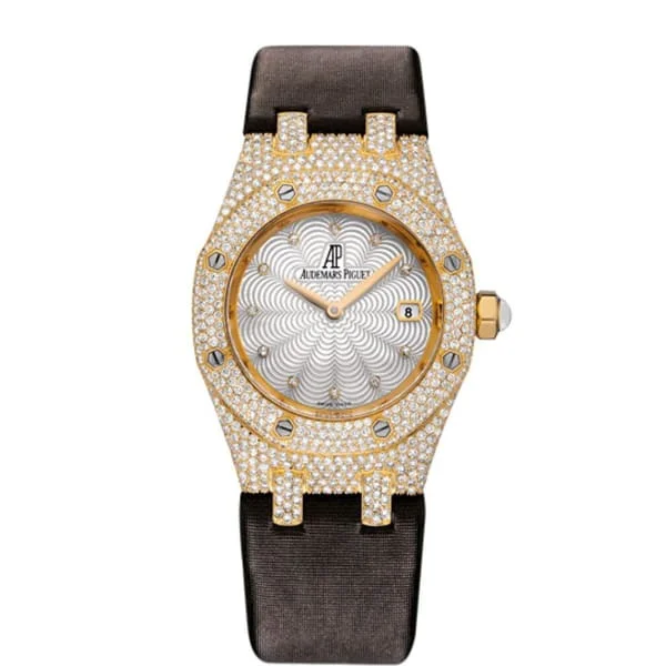 Audemars Piguet Royal Oak 33mm Ladies Watch - Ref: 67605BA.ZZ.D080SU.01 - White Mother of Pearl Dial & Diamond Bezel in 18K Yellow Gold Case, Brown Silk Strap