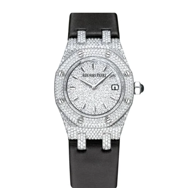 Audemars Piguet Royal Oak 33mm Ladies Watch - Ref: 67605BC.ZZ.D070SU.01 - Pave Diamond Dial & Diamond Bezel in 18K White Gold Case, Black Silk Strap