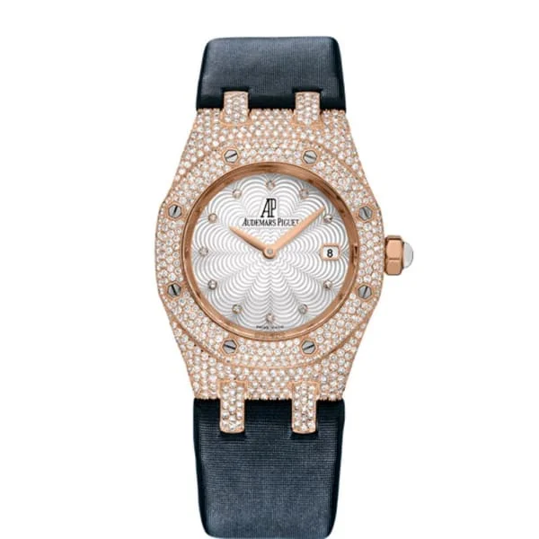 Audemars Piguet Royal Oak 33mm Ladies Watch - Ref: 67605OR.ZZ.D009SU.01 - White Mother of Pearl Dial & Diamond Bezel in 18K Rose Gold Case, Black Silk Strap