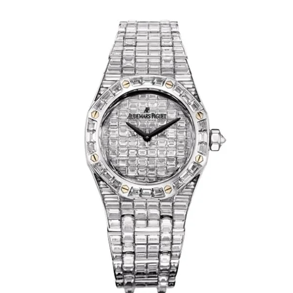 Audemars Piguet Royal Oak 33mm Ladies Watch - Ref: 67606BC.ZZ.9179BC.01 - Pave Diamond Dial & Diamond Bezel, 18K White Gold Diamond Bracelet