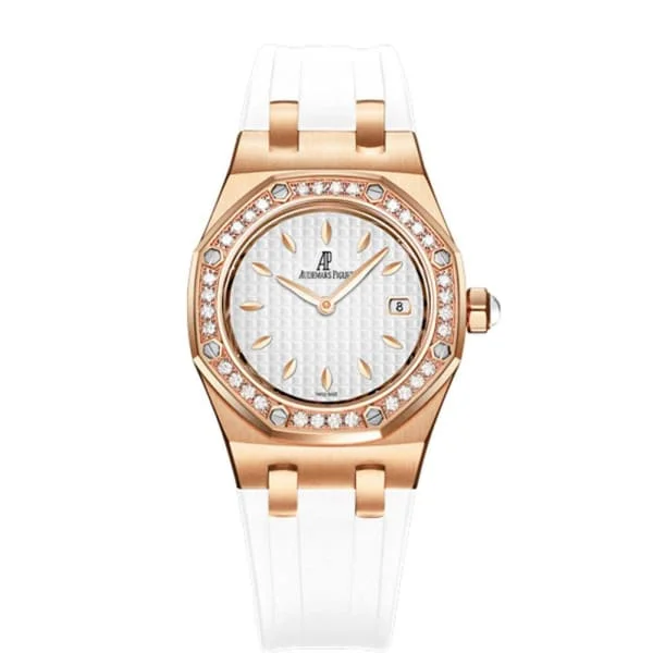 Audemars Piguet Royal Oak 33mm Ladies Watch - Ref: 67621OR.ZZ.D010CA.01 - Silver Dial & Diamond Bezel in 18K Rose Gold Case, White Rubber Strap