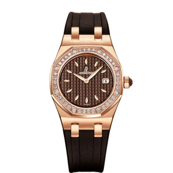 Audemars Piguet Royal Oak 33mm Ladies Watch - Ref: 67621OR.ZZ.D080CA.01 - Brown Dial & Diamond Bezel in 18K Rose Gold Case, Black Rubber Strap