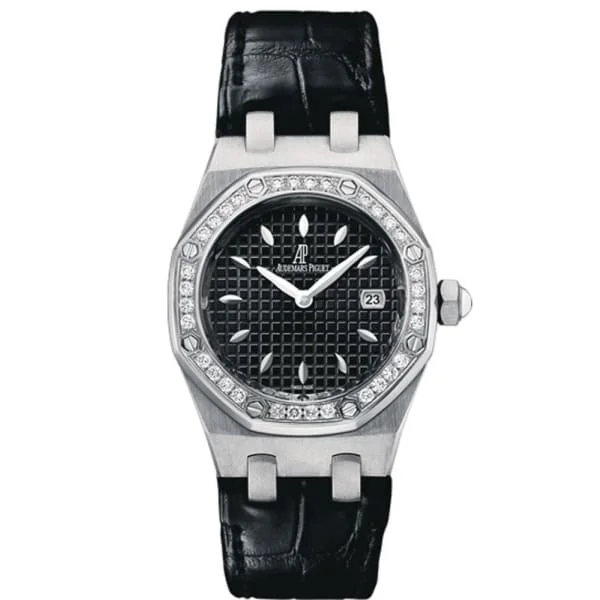 Audemars Piguet Royal Oak 33mm Ladies Watch - Ref: 67621ST.ZZ.D002CR.01 - Black Dial & Diamond Bezel, Black Alligator Strap