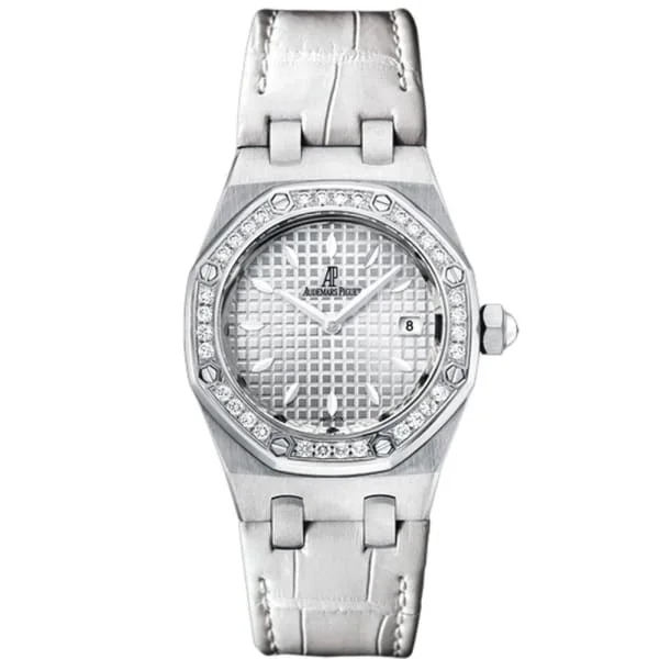 Audemars Piguet Royal Oak 33mm Ladies Watch - Ref: 67621ST.ZZ.D012CR.02 - Silver Dial & Diamond Bezel, White Alligator Strap