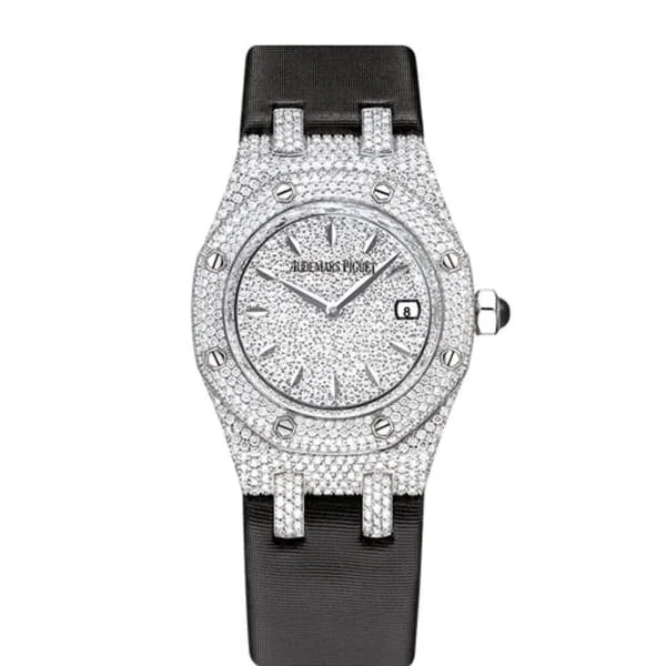 Audemars Piguet Royal Oak 33mm Ladies Watch - Ref: 67625BC.ZZ.D004SU.01 - Pave Diamond Dial & Diamond Bezel in 18K White Gold Case, Black Silk Strap