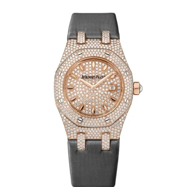 Audemars Piguet Royal Oak 33mm Ladies Watch - Ref: 67625OR.ZZ.D009SU.01 - Pave Diamond Dial & Diamond Bezel in 18K Rose Gold Case, Grey Silk Strap